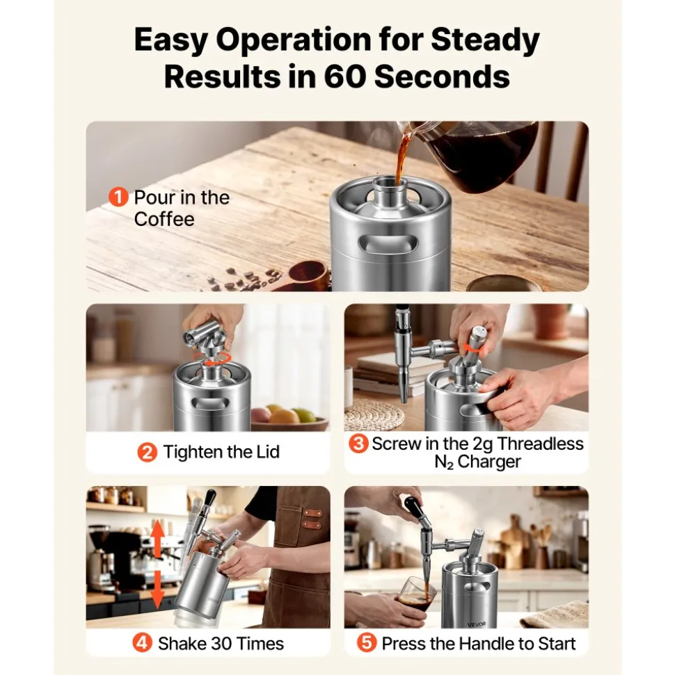 VEVOR Nitro Cold Brew Coffee Maker 68 oz Nitrogen Dispenser System, Home Brew Coffee Keg, Portable Nitrogen Infuser with Dispenser and Pressure Relieving Valve, Gift for Coffee Lovers