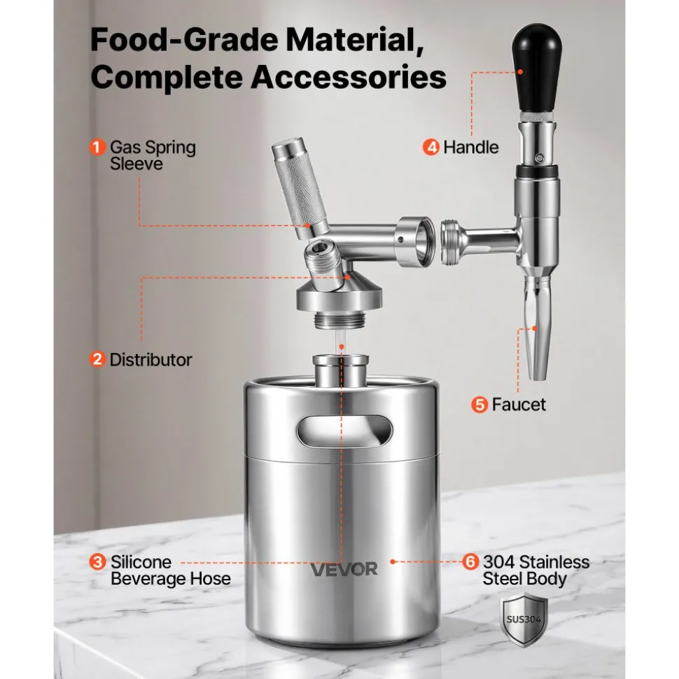 VEVOR Nitro Cold Brew Coffee Maker 68 oz Nitrogen Dispenser System, Home Brew Coffee Keg, Portable Nitrogen Infuser with Dispenser and Pressure Relieving Valve, Gift for Coffee Lovers