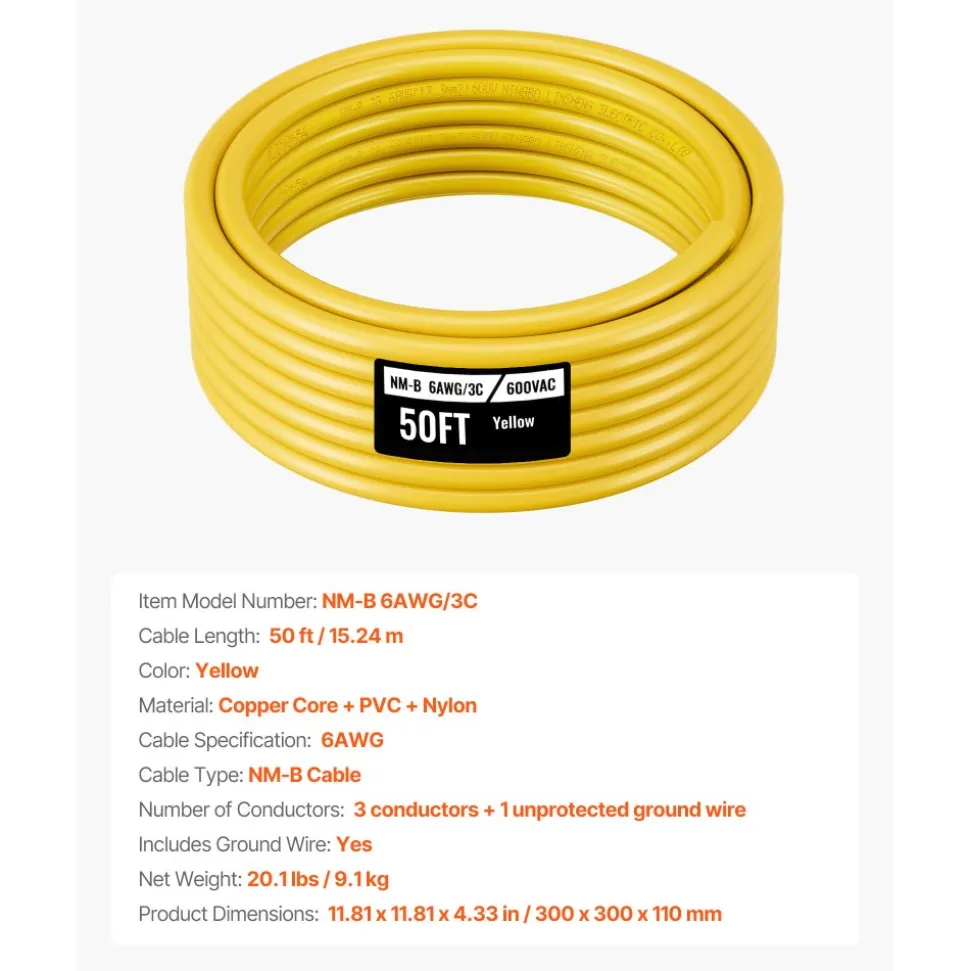 VEVOR NM-B Wire, 6AWG/3C Non-Mettalic Residential Indoor Electrical Wire with Ground, PVC Sheathed High-Purity Copper Core Cable, for Outlets, Switches, Other Loads & Lighting Wiring Projects(50 ft)