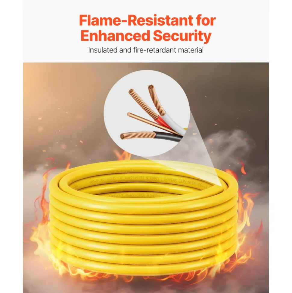 VEVOR NM-B Wire, 6AWG/3C Non-Mettalic Residential Indoor Electrical Wire with Ground, PVC Sheathed High-Purity Copper Core Cable, for Outlets, Switches, Other Loads & Lighting Wiring Projects(50 ft)