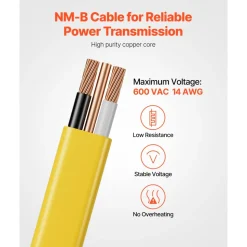 VEVOR NM-B Wire, 14AWG/2C Non-Mettalic Residential Indoor Electrical Wire with Ground, PVC Sheathed High-Purity Copper Core Cable, for Outlets, Switches, Other Loads & Lighting Wiring Projects(50 ft)