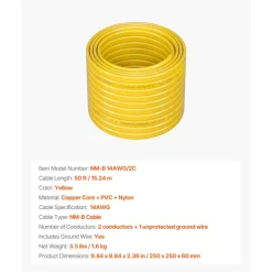 VEVOR NM-B Wire, 14AWG/2C Non-Mettalic Residential Indoor Electrical Wire with Ground, PVC Sheathed High-Purity Copper Core Cable, for Outlets, Switches, Other Loads & Lighting Wiring Projects(50 ft)
