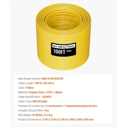 VEVOR NM-B Wire, 12AWG/2C Non-Mettalic Residential Indoor Electrical Wire with Ground, PVC Sheathed High-Purity Copper Core Cable, for Outlets, Switches, Other Loads & Lighting Wiring Project(100 ft)