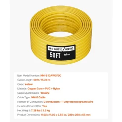 VEVOR NM-B Wire, 14AWG/2C Non-Mettalic Residential Indoor Electrical Wire with Ground, PVC Sheathed High-Purity Copper Core Cable, for Outlets, Switches, Other Loads & Lighting Wiring Project(100 ft)