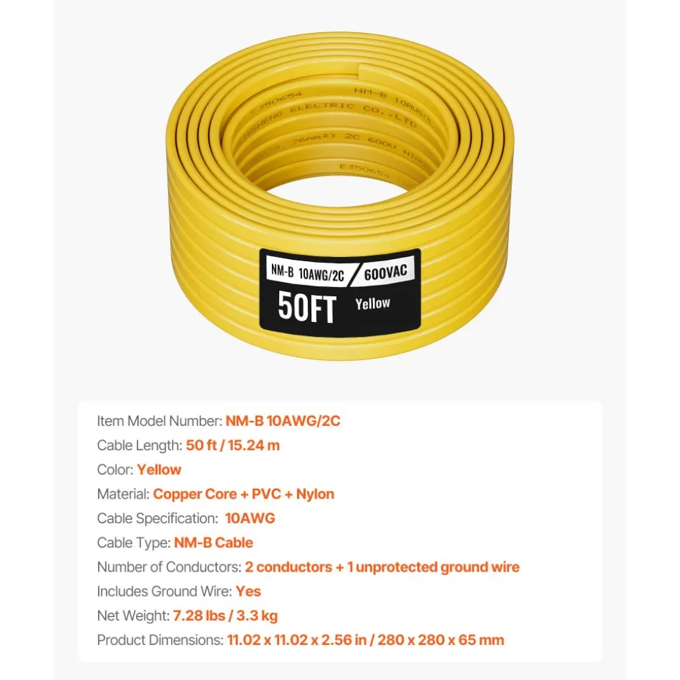 VEVOR NM-B Wire, 14AWG/2C Non-Mettalic Residential Indoor Electrical Wire with Ground, PVC Sheathed High-Purity Copper Core Cable, for Outlets, Switches, Other Loads & Lighting Wiring Project(100 ft)