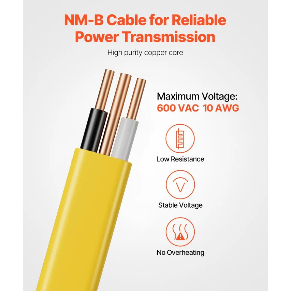 VEVOR NM-B Wire, 14AWG/2C Non-Mettalic Residential Indoor Electrical Wire with Ground, PVC Sheathed High-Purity Copper Core Cable, for Outlets, Switches, Other Loads & Lighting Wiring Project(100 ft)