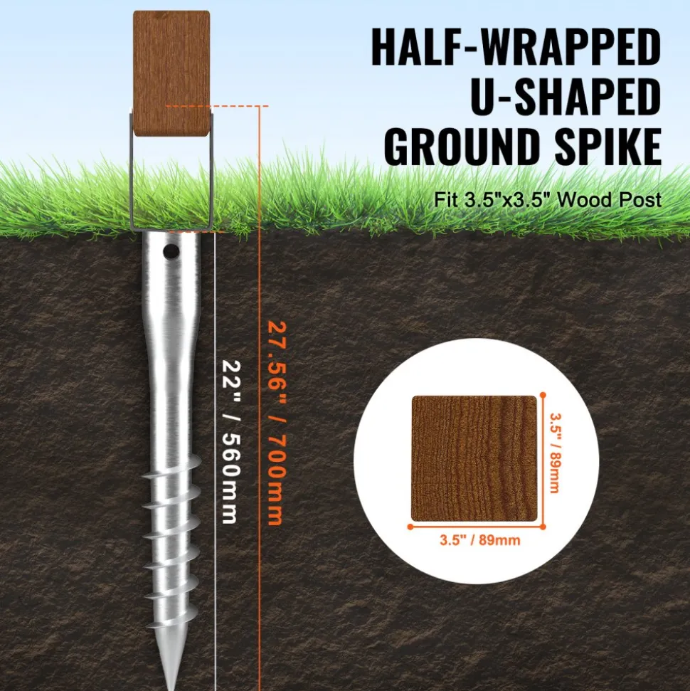 VEVOR No Dig Ground Anchor, 4 Pack 3.94 x 2.76 x 27.56 in DIY Screw in Post Stake, Includes 6 Lag Bolts & a Rebar, U-Shape Heavy Duty Steel Post Holder, Great for Mailbox Posts and Fence Posts