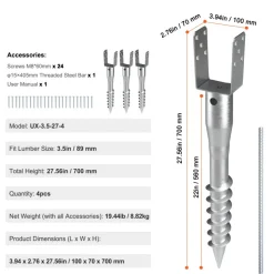 VEVOR No Dig Ground Anchor, 4 Pack 3.94 x 2.76 x 27.56 in DIY Screw in Post Stake, Includes 6 Lag Bolts & a Rebar, U-Shape Heavy Duty Steel Post Holder, Great for Mailbox Posts and Fence Posts
