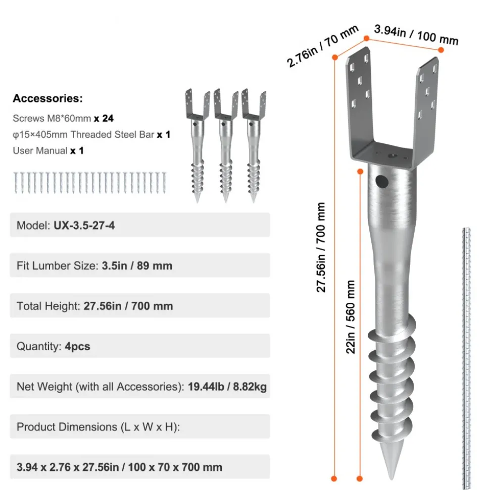 VEVOR No Dig Ground Anchor, 4 Pack 3.94 x 2.76 x 27.56 in DIY Screw in Post Stake, Includes 6 Lag Bolts & a Rebar, U-Shape Heavy Duty Steel Post Holder, Great for Mailbox Posts and Fence Posts