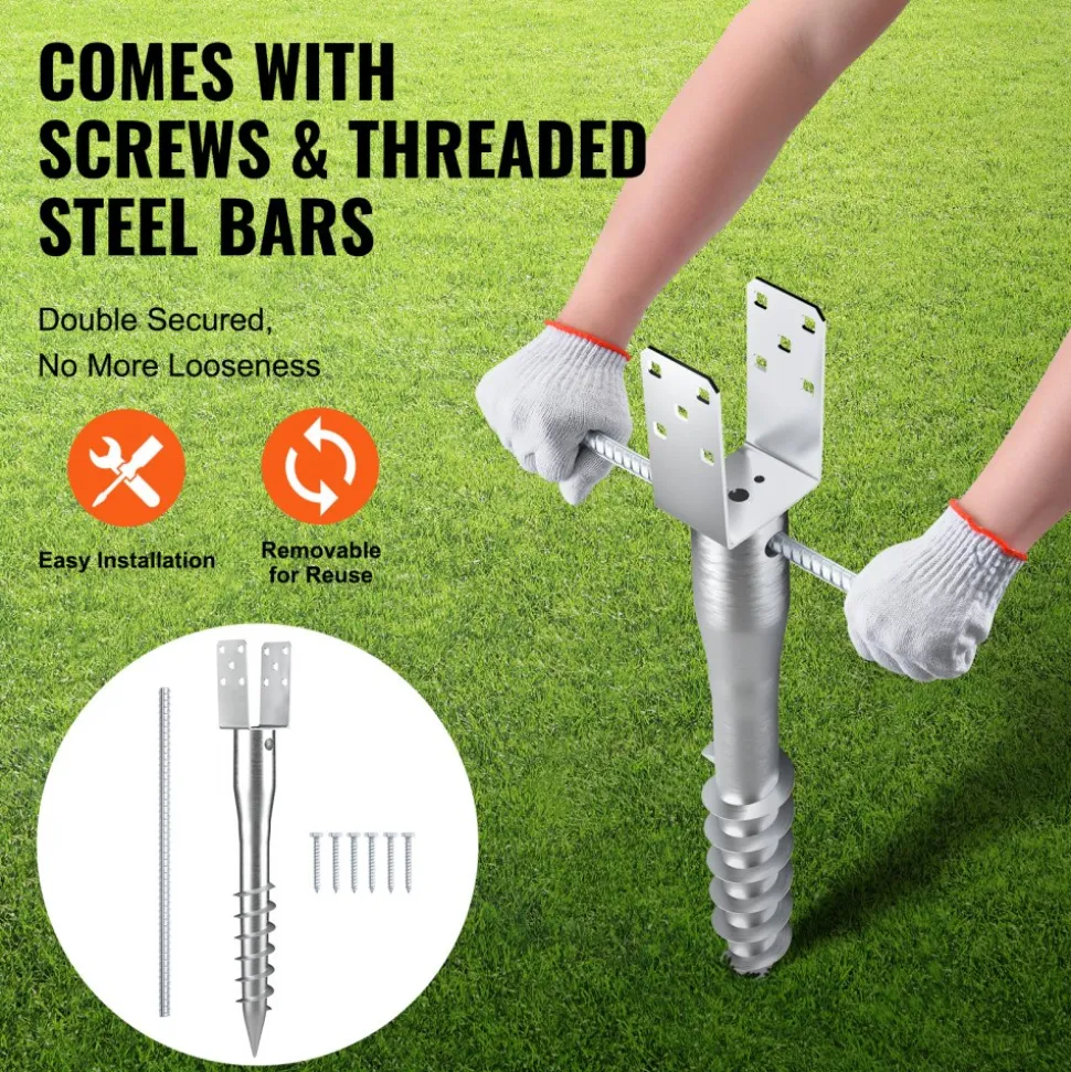 VEVOR No Dig Ground Anchor, 4 Pack 3.94 x 2.76 x 27.56 in DIY Screw in Post Stake, Includes 6 Lag Bolts & a Rebar, U-Shape Heavy Duty Steel Post Holder, Great for Mailbox Posts and Fence Posts