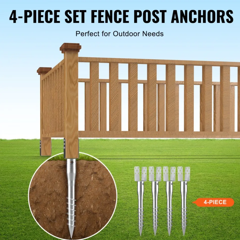 VEVOR No Dig Ground Anchor, 4 Pack 3.94 x 2.76 x 27.56 in DIY Screw in Post Stake, Includes 6 Lag Bolts & a Rebar, U-Shape Heavy Duty Steel Post Holder, Great for Mailbox Posts and Fence Posts