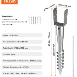 VEVOR No Dig Ground Anchor, 1 Pack 3.94 x 2.76 x 27.56 in DIY Screw in Post Stake, Includes 6 Lag Bolts & a Rebar, U-Shape Heavy Duty Steel Post Holder, Great for Mailbox Posts and Fence Posts