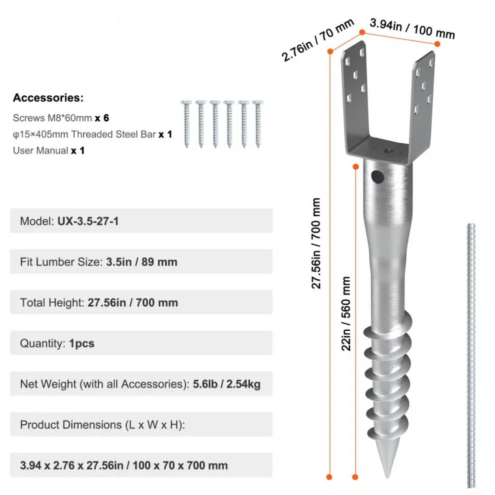 VEVOR No Dig Ground Anchor, 1 Pack 3.94 x 2.76 x 27.56 in DIY Screw in Post Stake, Includes 6 Lag Bolts & a Rebar, U-Shape Heavy Duty Steel Post Holder, Great for Mailbox Posts and Fence Posts
