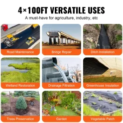 VEVOR Non Woven Geotextile Fabric Under Gravel, 4x100FT 8OZ Driveway Fabric Landscape Fabric, Heavy Duty Weed Barrier Fabric, Ground Cover Weed Control Fabric, French Drains Drainage Fabric, Black