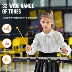 VEVOR 32 Note Glockenspiel Xylophone Bell Kit, Professional Percussion Instrument Set with Mallets, Drum Sticks, Music Stand, 8