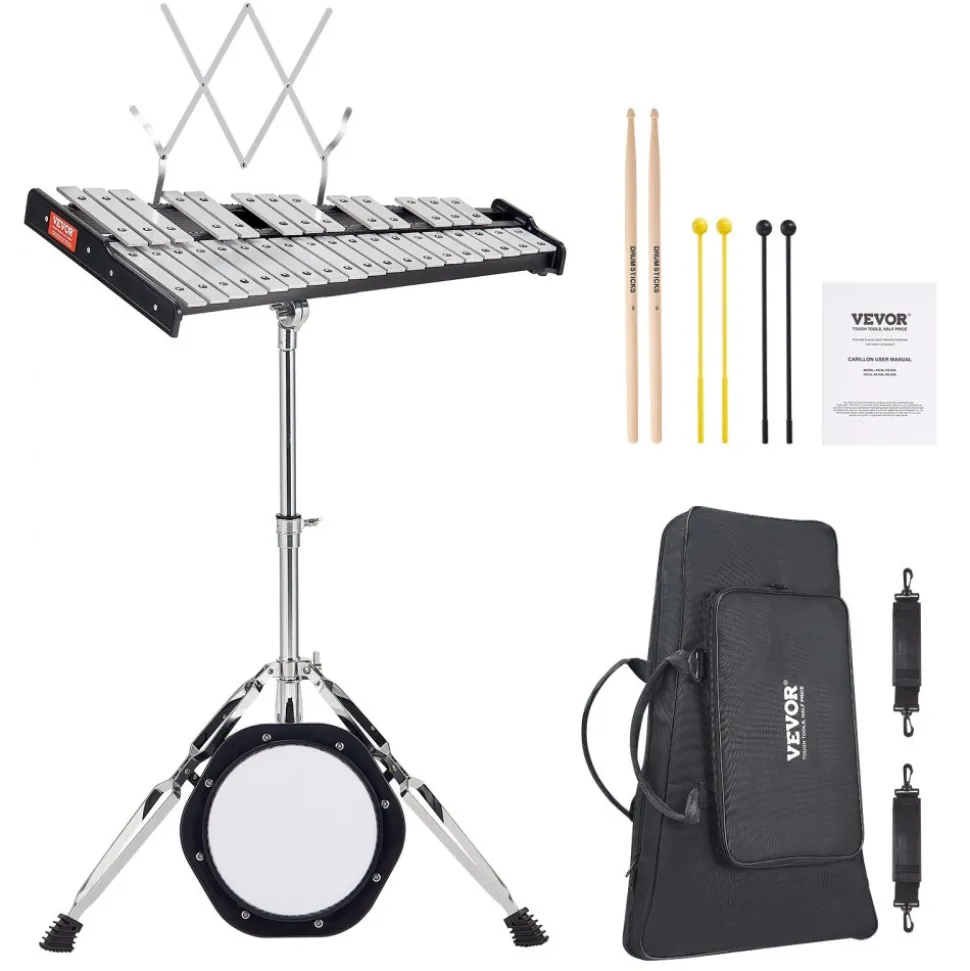 VEVOR 32 Note Glockenspiel Xylophone Bell Kit, Professional Percussion Instrument Set with Mallets, Drum Sticks, Music Stand, 8" Practice Pad, Adjustable Stand and Carrying Bag for Students & Adults
