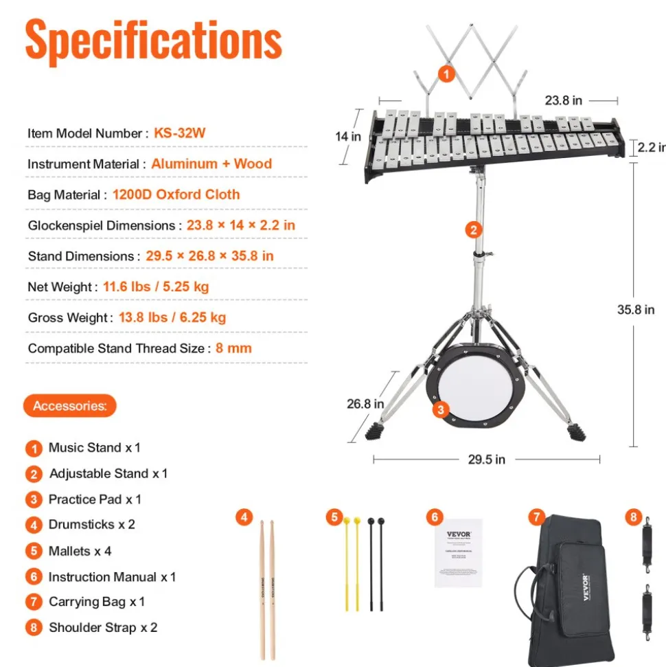 VEVOR 32 Note Glockenspiel Xylophone Bell Kit, Professional Percussion Instrument Set with Mallets, Drum Sticks, Music Stand, 8" Practice Pad, Adjustable Stand and Carrying Bag for Students & Adults