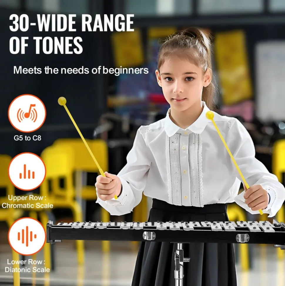 VEVOR 30 Note Glockenspiel Xylophone Bell Kit, Professional Percussion Instrument Set with Mallets, Drum Sticks, Music Stand, 8" Practice Pad, Adjustable Stand and Carrying Bag for Students & Adults
