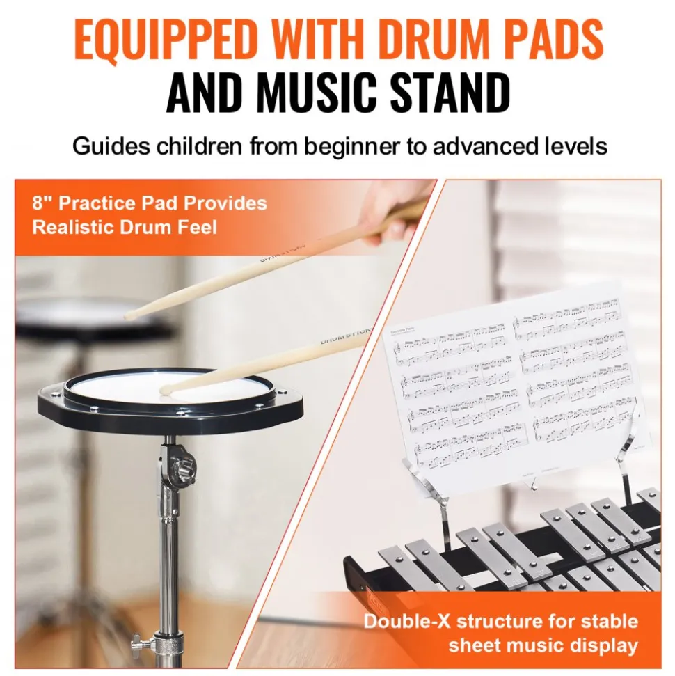 VEVOR 30 Note Glockenspiel Xylophone Bell Kit, Professional Percussion Instrument Set with Mallets, Drum Sticks, Music Stand, 8" Practice Pad, Adjustable Stand and Carrying Bag for Students & Adults