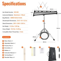 VEVOR 30 Note Glockenspiel Xylophone Bell Kit, Professional Percussion Instrument Set with Mallets, Drum Sticks, Music Stand, 8