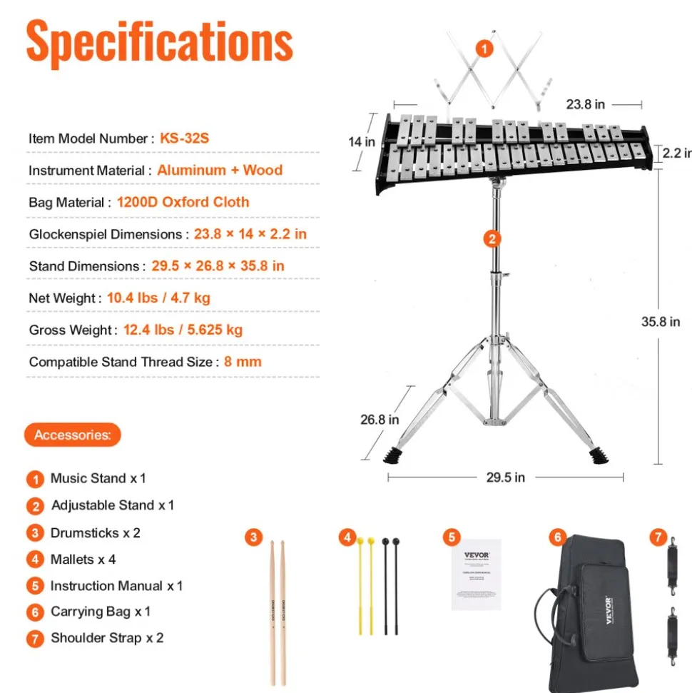 VEVOR 32 Note Glockenspiel Xylophone Bell Kit, Percussion Instrument with Mallets, Drum Sticks and Carrying Bag, Professional Glockenspiel Xylophone Percussion Instrument Set for Adults & Students