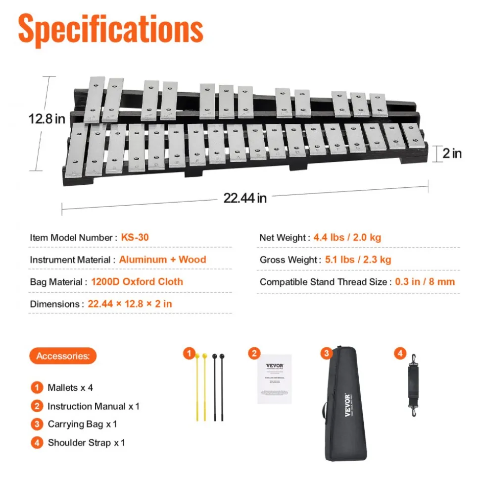 VEVOR 30 Note Glockenspiel Xylophone Bell Kit, Percussion Instrument with Mallets, Drum Sticks and Carrying Bag, Professional Glockenspiel Xylophone Percussion Instrument Set for Students & Adults