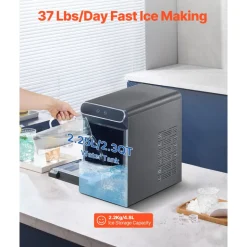 VEVOR Nugget Ice Maker, 37lbs/24H Pebble Ice Maker with Self Cleaning, Chewable Ice Maker with Ice Scoop and Basket, Stainless Steel Ice Machine with Convenient Ice Transfer for Home Kitchen Office