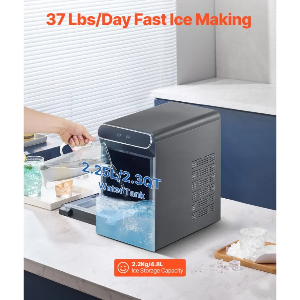 VEVOR Nugget Ice Maker, 37lbs/24H Pebble Ice Maker with Self Cleaning, Chewable Ice Maker with Ice Scoop and Basket, Stainless Steel Ice Machine with Convenient Ice Transfer for Home Kitchen Office