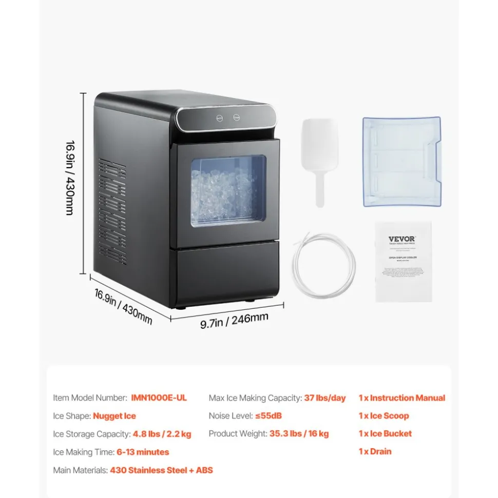 VEVOR Nugget Ice Maker, 37lbs/24H Pebble Ice Maker with Self Cleaning, Chewable Ice Maker with Ice Scoop and Basket, Stainless Steel Ice Machine with Convenient Ice Transfer for Home Kitchen Office