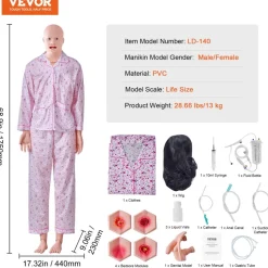 VEVOR Nursing Training Manikin, Male/Female Life Size Demonstration Human Manikin for Nursing Training, Multifunctional Education Teaching Model, PVC Anatomical Mannequin Body Care Simulator Model