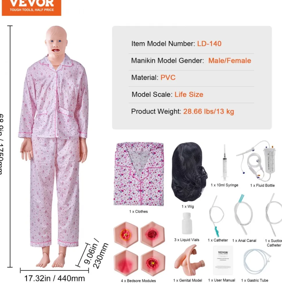 VEVOR Nursing Training Manikin, Male/Female Life Size Demonstration Human Manikin for Nursing Training, Multifunctional Education Teaching Model, PVC Anatomical Mannequin Body Care Simulator Model