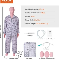 VEVOR Nursing Training Manikin, Male Life Size Demonstration Human Manikin for Nursing Training, Multifunctional Education Teaching Model Supplies, PVC Anatomical Mannequin Body Care Simulator Model