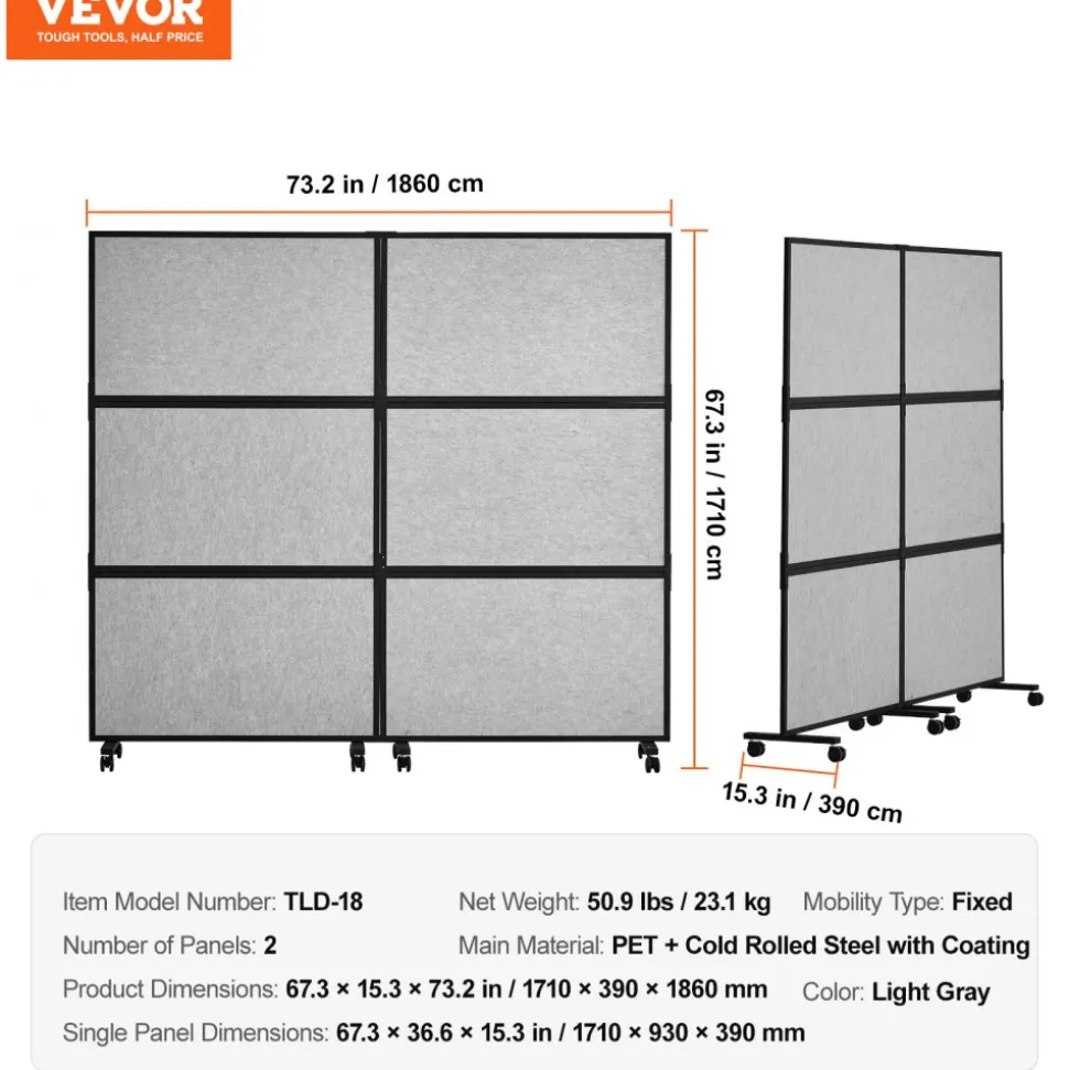 VEVOR Office Divider, 2 Panel Office Partition, Freestanding Office Divider Wall Partition & Privacy Divider Reduce Noise and Room Separation, Light Grey