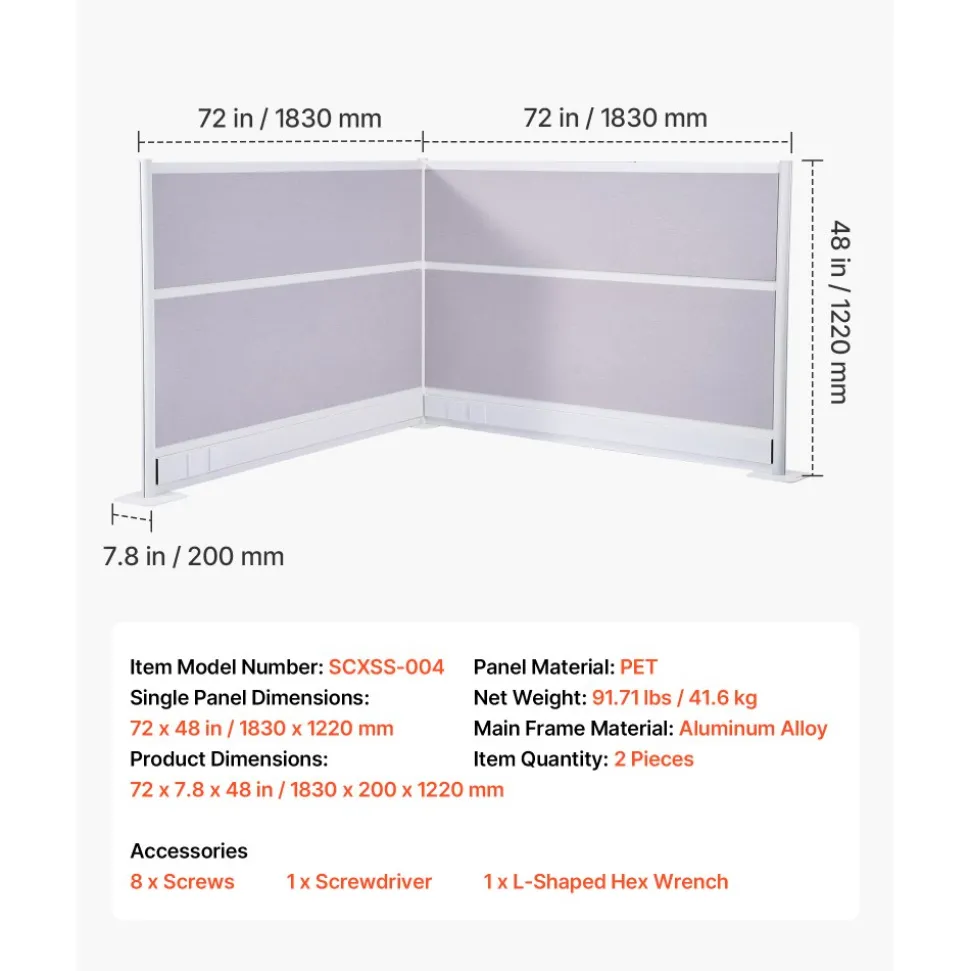 VEVOR Office Divider Privacy Partitions, 2-Pack, 72" x 48" Room Divider Walls, PET Workstation Cubicle Partition with Outlet Covers, Freestanding Privacy Panels for Office Library School