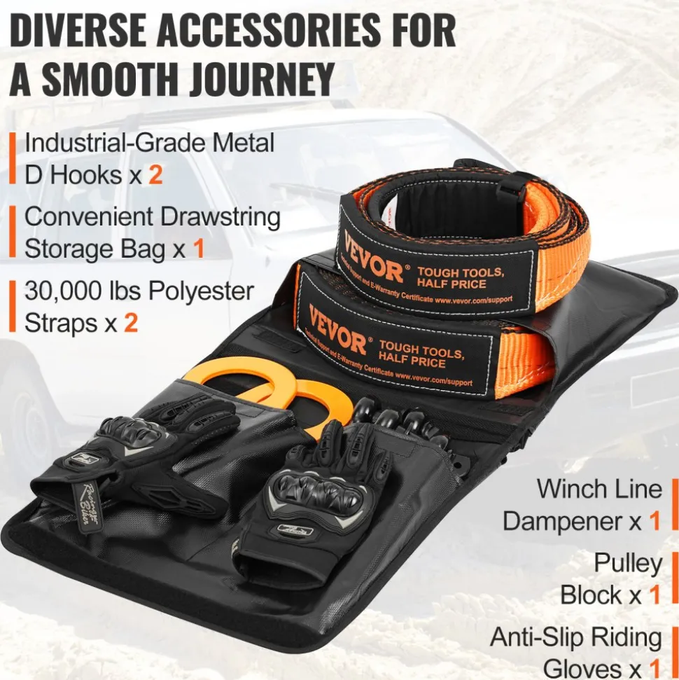 VEVOR Off-Road Recovery Kit, 3" x 30', Heavy Duty Winch Recovery Kit with 30000 lbs Tow Straps, 44092 lbs D-Ring Shackles, Shackle Receiver, Snatch Block Pulley, Gloves, Storage Bag for ATV Jeep Truck