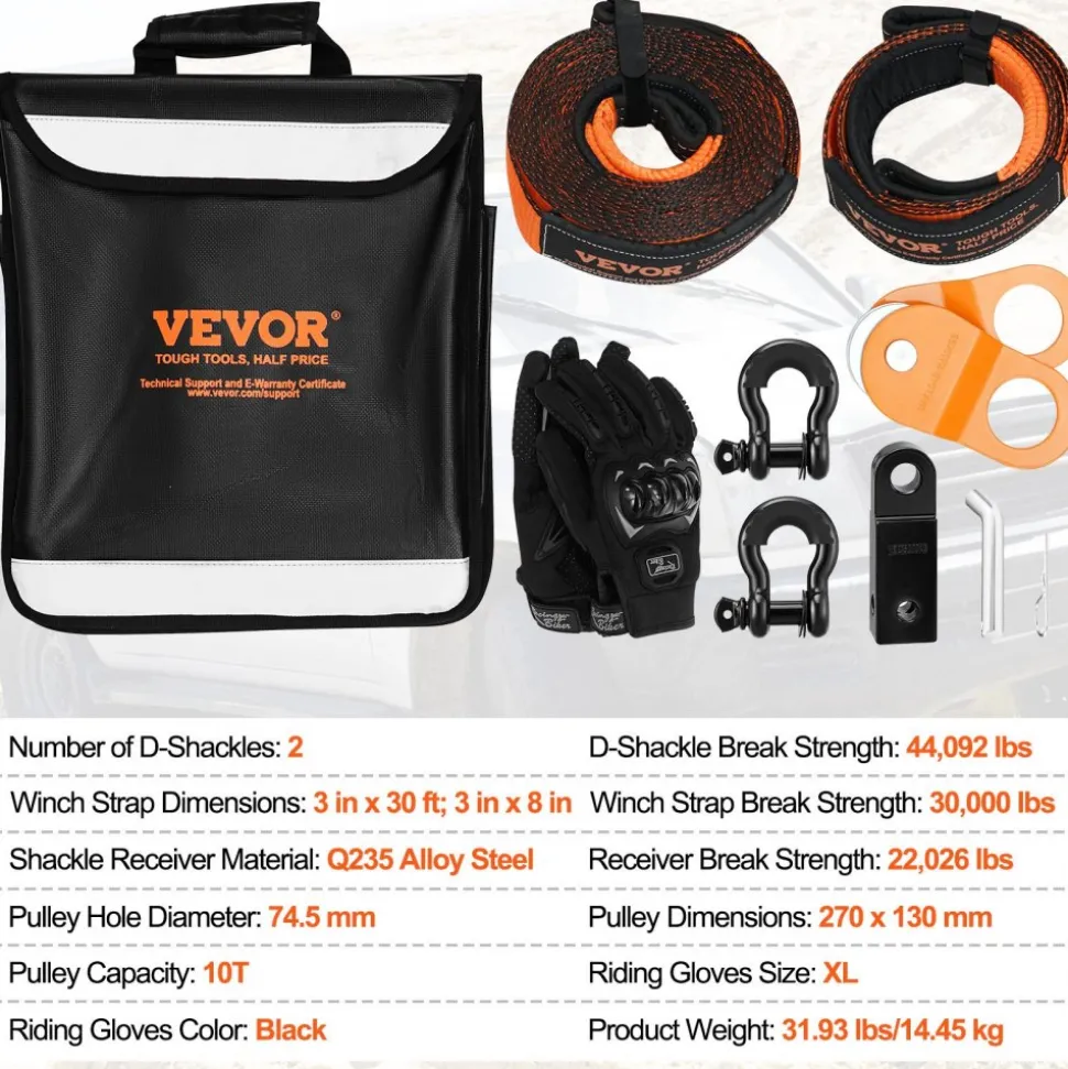 VEVOR Off-Road Recovery Kit, 3" x 30', Heavy Duty Winch Recovery Kit with 30000 lbs Tow Straps, 44092 lbs D-Ring Shackles, Shackle Receiver, Snatch Block Pulley, Gloves, Storage Bag for ATV Jeep Truck