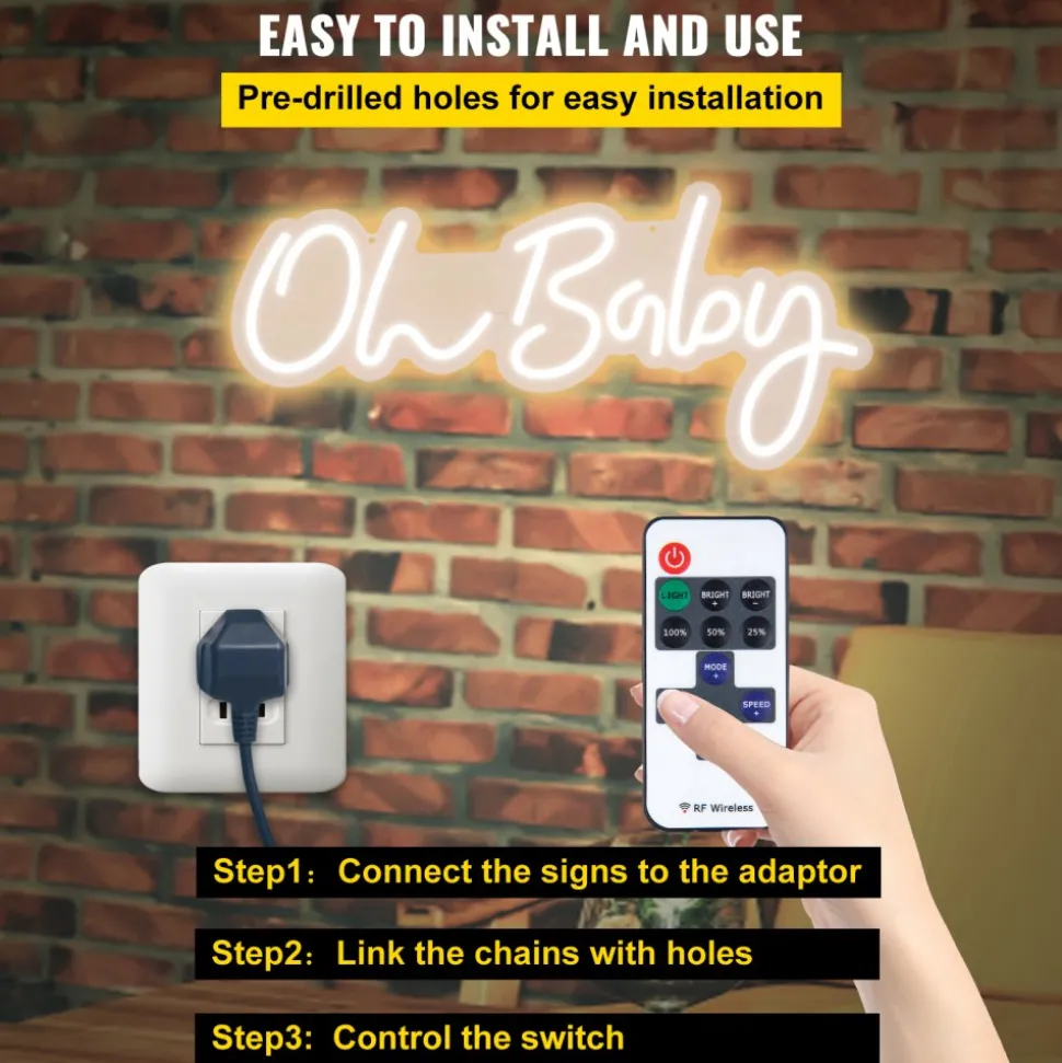 VEVOR Oh Baby Neon Sign for Wall Decor, with Remote Control and Dimmable Switch for Baby Shower decorations, Birthday Party, Wedding Decor, 23.5x12 inches (Warm White)