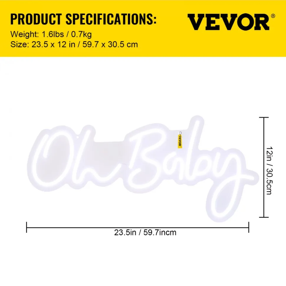 VEVOR Oh Baby Neon Sign for Wall Decor, with Remote Control and Dimmable Switch for Baby Shower decorations, Birthday Party, Wedding Decor, 23.5x12 inches (Warm White)