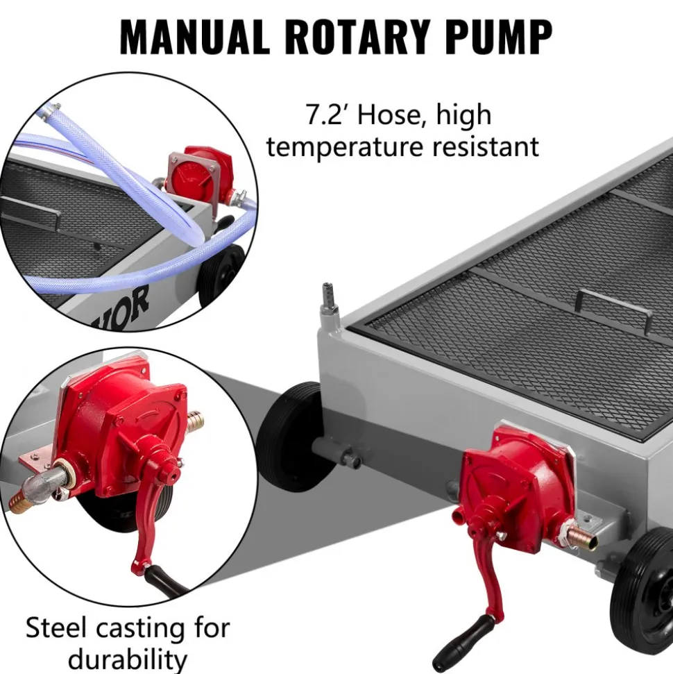VEVOR Oil Drain Pan 15 Gallon Oil Drain Tank, 57L Low Profile Oil Drain Pan, Large Capacity Oil Change Pan, Foldable Hand, with Pump, Hose, Swivel Casters Wheels for Car, SUV, Trucks Oil Draining