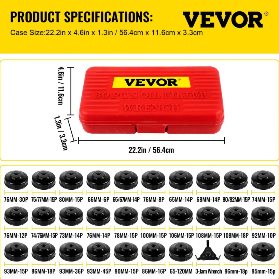 VEVOR Oil Filter Socket Set, 30 Pcs Oil Filter Wrench Set, Sturdy Steel Oil Filter Socket, 3/8" Oil Filter Socket, Low Profile Oil Filter Socket Set For Easy Access, Oil Filter Wrench Cap Set with Ca