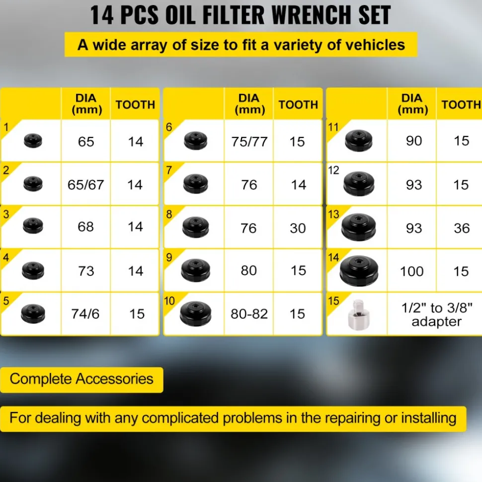 VEVOR Oil Filter Socket Set, 14 Pcs Oil Filter Wrench Set, Sturdy Steel Oil Filter Socket, 3/8" Oil Filter Socket, Low Profile Oil Filter Socket Set For Easy Access, Oil Filter Wrench Cap Set with Ca