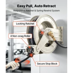 VEVOR Oil Hose Reel, 1/2 inch x 50 ft Retractable, Spring Driven Auto Swivel Rewind, Max 3625 PSI, Heavy-Duty Carbon Steel Construction with Steel Wire Braided Hose, for Engine / Gear / Hydraulic Oil