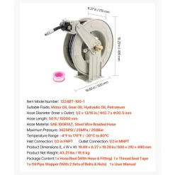 VEVOR Oil Hose Reel, 1/2 inch x 50 ft Retractable, Spring Driven Auto Swivel Rewind, Max 3625 PSI, Heavy-Duty Carbon Steel Construction with Steel Wire Braided Hose, for Engine / Gear / Hydraulic Oil