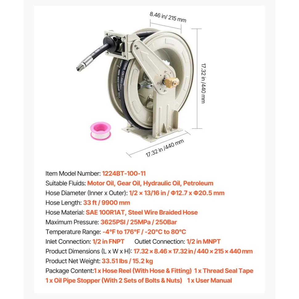 VEVOR Oil Hose Reel, 1/2 inch x 33 ft Retractable, Spring Driven Auto Swivel Rewind, Max 3625 PSI, Heavy-Duty Carbon Steel Construction with Steel Wire Braided Hose, for Engine / Gear / Hydraulic Oil