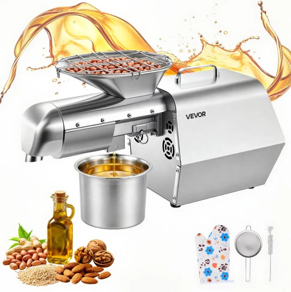 VEVOR Oil Press Machine, 11 LBS/H Capacity, 1250W Oil Extractor Machine, Automatic Electric Oil Maker for Home Commercial Use, 122℉–572℉ Hot & Cold Pressing for Peanuts Sesames Soybeans Almonds