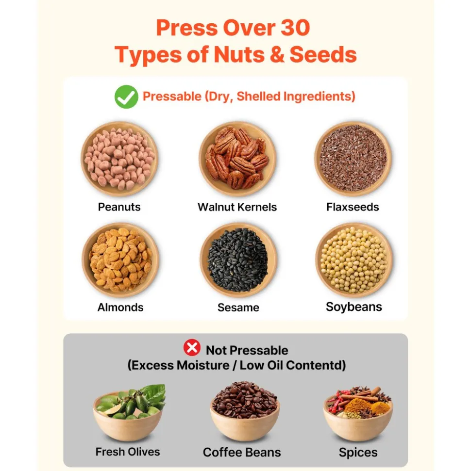 VEVOR Oil Press Machine, 11 LBS/H Capacity, 1250W Oil Extractor Machine, Automatic Electric Oil Maker for Home Commercial Use, 122℉–572℉ Hot & Cold Pressing for Peanuts Sesames Soybeans Almonds