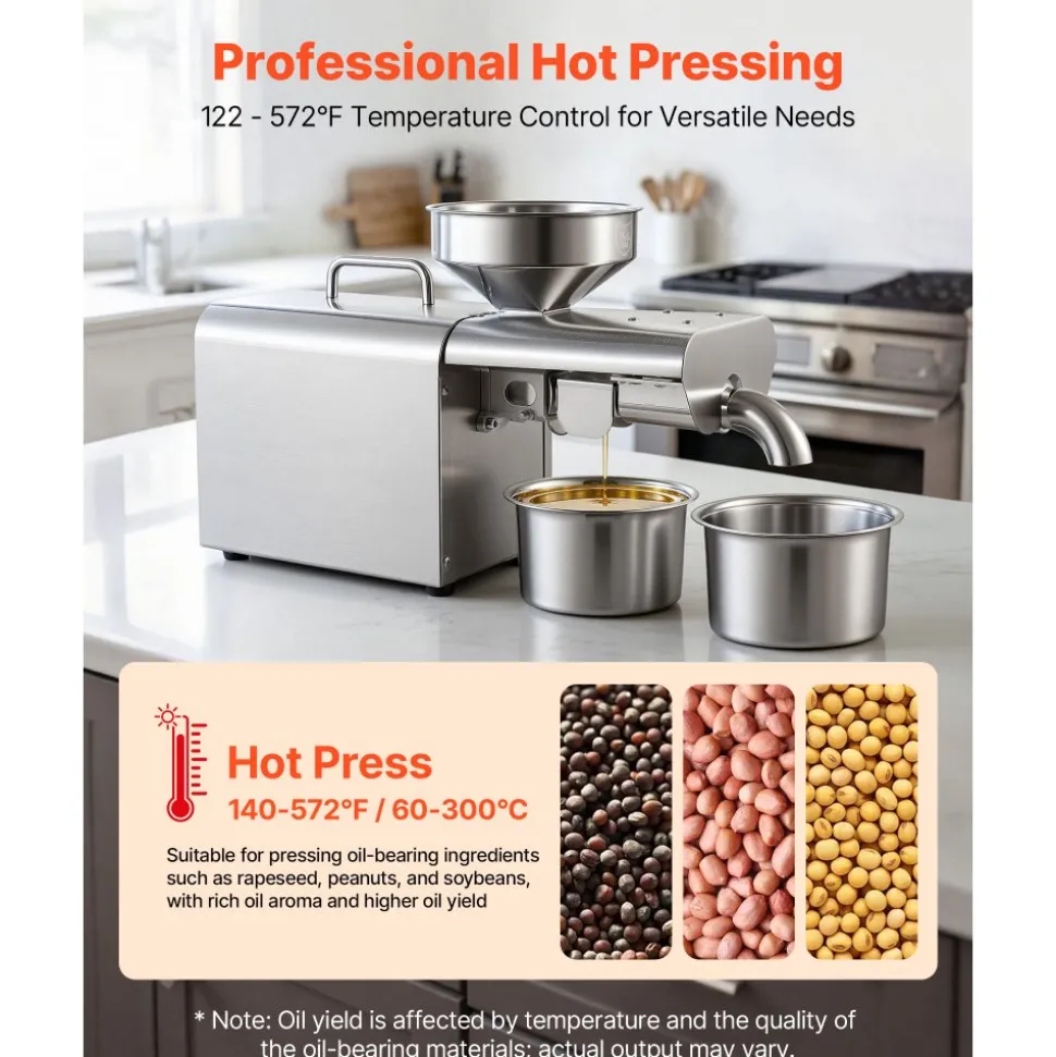 VEVOR Oil Press Machine, 8.27 LBS/H Capacity, 750W Oil Extractor Machine, Automatic Electric Oil Maker for Home Commercial Use, 122℉–572℉ Hot Pressing for Peanuts Sesames Soybeans Almonds