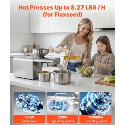 VEVOR Oil Press Machine, 8.27 LBS/H Capacity, 750W Oil Extractor Machine, Automatic Electric Oil Maker for Home Commercial Use, 122℉–572℉ Hot Pressing for Peanuts Sesames Soybeans Almonds