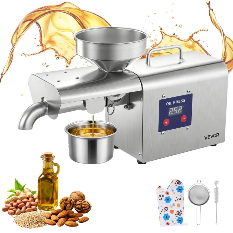 VEVOR Oil Press Machine, 8.27 LBS/H Capacity, 750W Oil Extractor Machine, Automatic Electric Oil Maker for Home Commercial Use, 122℉–572℉ Hot Pressing for Peanuts Sesames Soybeans Almonds