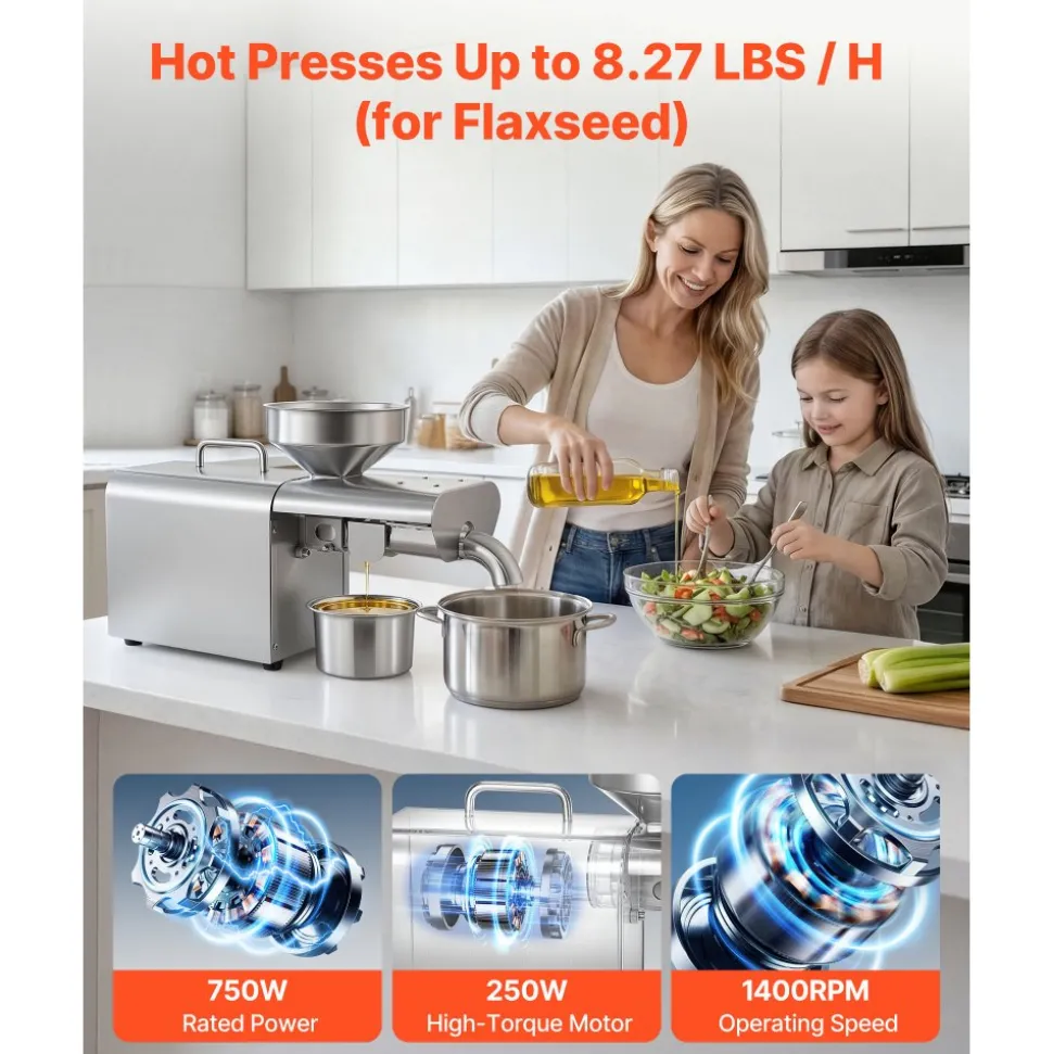 VEVOR Oil Press Machine, 8.27 LBS/H Capacity, 750W Oil Extractor Machine, Automatic Electric Oil Maker for Home Commercial Use, 122℉–572℉ Hot Pressing for Peanuts Sesames Soybeans Almonds